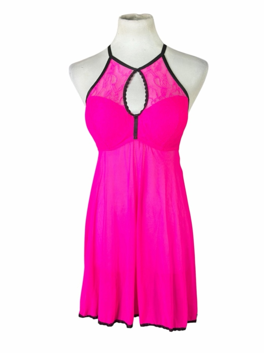 Secret Treasures Hot Pink & Black Trim Keyhole Halter Push Up Babydoll - Medium